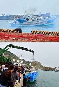 東引漁民從澎湖購買的「永滿福2號」漁船,在鞭炮聲中駛抵中柱港,加入「討海」行列。(圖/文:陳其敏)