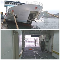 「臺馬之星」航休保養日,28日從上午9時起船上工作人員實施機器操作、艏門保養。(圖:交通局提供)