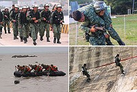 (左上)負重行軍須肩背二十公斤重物,挑戰測驗弟兄的耐力與精神意志。(右上)戰鬥體適能,受測弟兄模擬救援傷兵狀況。(左下)武裝操舟測驗,消耗體能更考驗弟兄們默契。(右下)「絕壁攀降」鑑測,除磨練弟兄戰技,更需戰勝高空恐懼。(圖/文:林偉陞)