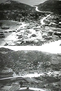 圖為民國53年間馬祖南竿福澳村(圖中的山路為福澳入村坡度馬路)、山隴村(圖左下為介壽分校舊址、今社教館)全貌,資料來源:美國國家檔案局。(版權所有,不得作為營利使用)