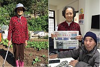 圖為馮淑敏(原名馮泉金)持本報刊載她17、18歲民防女隊員舊照片合影,右為她老公。平日閒暇種些菜,活動筋骨。(圖:宋志富)