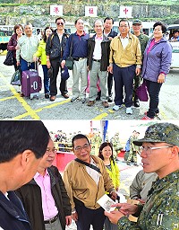 台灣電力公司政風處處長黃念須(右5)等4位昔日同梯老兵,重返東引尋找舊時記憶,受到議長張永江、指揮官廖建興等人熱誠歡迎。(圖/文:陳其敏)