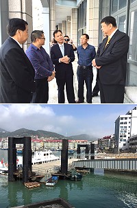 圖為縣長、立委、議長及議員一行勘查黃岐旅檢通關大樓、新船安麒輪2號靠泊浮動碼頭。(圖:連江縣政府觀光局提供)