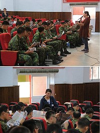 (上圖)志工媽媽介紹馬祖各地景點,提供島休時休憩新選擇。(下圖)志工媽媽與剛到部弟兄親切對話,場面溫馨。(圖/文:陳浙巖)