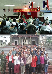 (上圖)大隊長李上校實施防區政策說明。(下圖)官兵眷屬於莒光陳元帥廟前合影留念。(圖/文:蔡奕儀)