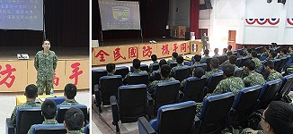 (左圖)參謀主任許少校主持法治教育暨通資安全講習。(右圖)法制官郭少校實施法治宣教。(圖/文:張岳文)
