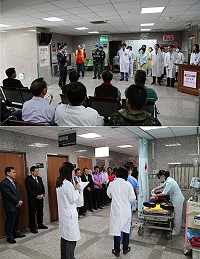 縣立醫院昨舉辦今年大量傷患處置演習,模擬介壽獅子市場早餐店發生瓦斯氣爆併發火災造成嚴重損傷,緊急處理分類並安排重大傷患後送,過程緊湊逼真。(圖:連江縣衛生局提供)