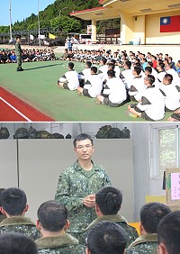 (上圖)莫指揮官叮嚀南竿守備大隊步兵連弟兄注意身體保健及訓練安全。(圖/文:林偉陞)、(下圖)莫指揮官勉勵北竿守備大隊步兵連弟兄「自我突破」,爭取佳績。(圖/文:張岳文)