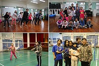 (上圖)介壽國中小學員跟隨官兵的舞步,認真習舞。林強(後排左)、許仁杰(後排右)與介壽國中小舞蹈課學員感情深厚。(圖/文:陳浙巖)、(下圖)芷琳於教學課程中,個別指導學員揮拍姿勢。芷琳(右一)於課程結束後與學員們合影。(圖/文:林偉陞)