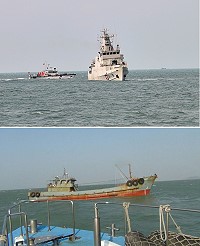 海巡署500噸級「基隆艦」昨開抵東引,馬祖第10海巡隊隨即配合一路進行巡護及威力掃蕩,下午在南、北竿海域發現大陸「鴻盈順9號」鐵殼收漁貨漁船稽查驅離。(圖:陳其敏、馬祖第10海巡隊)
