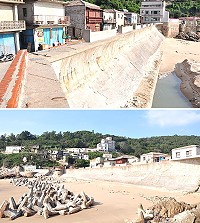 津沙海堤海岸環境改善工程正式開始動工,原有海堤與堤頂進行加寬培厚,還有堤防基座加固、排水溝出口改善及新設活動式擋水柱等,預計工期至明年6月底完工。(圖/文:馮紹夫)