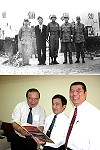 上圖:柯俊雄(中、持槍者)民國57年馬祖北竿坂里營區當兵;下圖:民國95年柯俊雄(左)任立委時到馬祖考察看到當兵檔案照片開心模樣。(圖:馬祖日報資料庫)