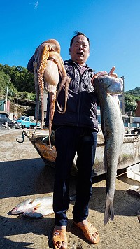 北竿橋仔漁民定置網捕獲一尾重達10斤大章魚。(圖:橋仔漁民提供)