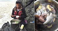 帶著簡單炊具上礁釣魚,在海邊享受最新鮮的現撈美味魚湯。(圖:吳金平提供)