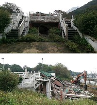 塘岐運動場旁危險建築「豐功樓」拆除,未來將規劃為停車場之用。(圖/文:陳鵬雄)
