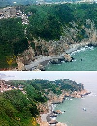 張貼在東引鄉公所網站留言板的空拍照片,可清楚看見廢棄物侵占海岸山坡的髒亂情況,與壯觀的海岸自然景觀成強烈對比。(圖:摘自東引鄉公所網站)