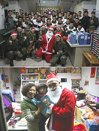 (上圖)佳音團巡訪至莒光步兵連,為辛苦留守的官兵弟兄送上耶誕祝福,讓官兵感受佳節氛圍。(下圖)莒光守備大隊本部連士官長幸凱仙巧扮成聖誕老人出現,小朋友反應又驚又喜,表情逗趣。(圖/文:蔡奕儀)