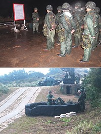 (上圖)北高守備大隊大隊長吳東達上校實施精神講話。(下圖)機步連官兵們依照平日的訓練執行鑑測任務。(圖/文:張岳文)