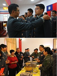 上圖:莫指揮官為晉升人員授階。下圖:茶會上莫指揮官向晉升人員及其家屬道賀。(圖:闕碩彥/文:陳浙巖)