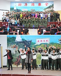 上圖:莫指揮官和與會嘉賓及演出團體一起合影。下圖:林玗獻唱歌曲,官兵弟兄隨之起舞,聽得如癡如醉。(圖/文:闕碩彥)