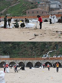 　軍民攜手打造優質環境，共同清理復興村沙灘。（圖／文：吳嘉榮）