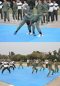 (上圖)擒拿術示範演練。(下圖)官兵演練多項綜合格鬥示範,以精進地面部隊訓練。(圖/文:呂鎮宇)