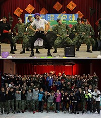 (上圖)表演官兵精心準備創意節目,獲得台下滿堂彩。(圖:蔡奕儀/文:薛濰翊)、(下圖)演出人員與嘉賓於活動會後合影。(圖:張岳文/文:薛濰翊)