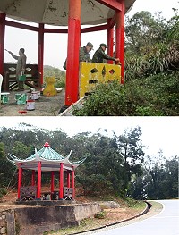 (上圖)弟兄們不畏寒風為八角亭添上新色彩。(圖:利坤錴/文:程威)、 (下圖)八角亭換新裝,提供給軍民歇腳的好去處。(圖/文:呂鎮宇)