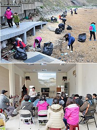 　清水濕地淨灘活動暨成果說明會昨天登場，吸引不少村民及青年志工冒著寒風前往濕地清理海漂垃圾；說明會則邀請海洋生物博物館助理研究員邱郁文解說濕地保育成果及生態的豐富多元。（圖／文：曹重偉）
