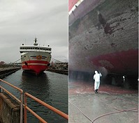 「臺馬輪」昨日開始第一階段歲修,基本設備檢測維修與船底清潔等,預計工期20天,完成後返馬執行運輸任務。(圖:新華航業提供)