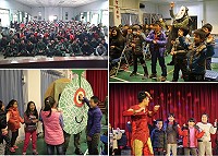 介壽國中小的小朋友在表演後與演出弟兄開心合影;中正國中小和仁愛國小的學童們興奮地和弟兄扮演的哈密瓜妖怪及超級英雄開心互動。(圖:林偉陞、陳浙巖/文:闕碩彥)
