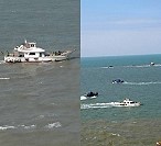 在地7、8艘漁船聚集在東莒水庫下方下網。(圖:東莒鄉親提供)