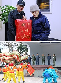 (上圖)總長向榮民宋景文伯伯拜早年。(下圖)機步連弟兄以舞龍舞獅向總長拜早年。(圖/文:林偉陞)