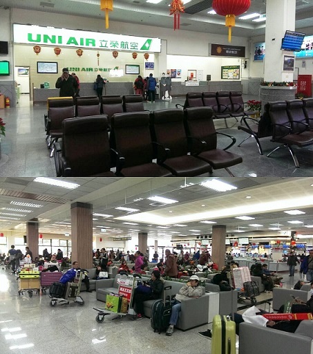 春運8日大年初一,台馬兩地班機都有空位,上圖為南竿機場、下圖松山機場候機大廳。(圖/曹琇君)
