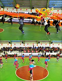迎春接福,大年初一,東引軍民舉行團拜及舞龍舞獅等賀歲展演活動。 (圖/文:陳其敏)