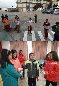 南竿三校開學樂,卡漫英雄來歡迎!仁愛國小還展開愛心募款活動,援助地震中的災民。(圖:程元鋒、王建華提供)