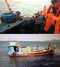 春節假期結束,中國大陸漁船也陸續「開工」,馬祖海巡隊16日執行威力掃蕩勤務時,於北竿後浪坡外2.3浬處查獲1艘大陸木殼漁船非法越界捕魚,並依法押解至南竿留置調查。(圖:馬祖海巡隊)