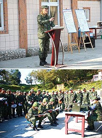 (上圖)參謀長王少將實施精神講話。(下圖)訓練成效驗收流程示範。(圖/文:呂鎮宇)