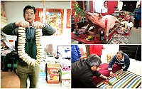 東、西莒各廟宇擺暝陸續展開，圖左為田澳村長林順雄串連鹹餅掛在七爺、八爺脖子上之用，右下為東莒大坪福德宮送喜習俗。（圖：林素惠、林文福、東莒大浦民宿）