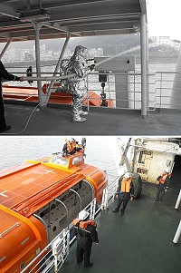 確保海上交通運輸航行安全,「臺馬之星」昨天上午在南竿福澳港展開消防救生演練。(圖:交通局提供)