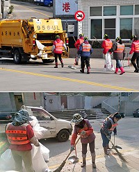 介壽村「廿二暝」大遶境,留下滿地的鞭炮屑,山隴廣場上也是一片狼藉;好在隔天一大早清潔隊員就全力出動,將滿地的紅鞭炮屑清掃乾淨,還給大家原本乾淨的村容。(圖/文:曹重偉、楊清宇)