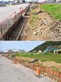 　因應福澳運動場防汛需求，教育局特別進行周邊護欄整建，將停車場旁至新聖火台處舊欄杆全數拆除，準備搭建水泥護欄，高度約1公尺，將有效保護運動場跑道不再受海浪侵襲。（圖／文：曹重偉）