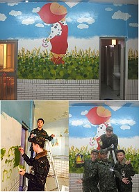 (上圖)溫暖的配色取代了冷冰冰的白牆。(下圖)弟兄們細心彩繪,完成後充滿了成就感。(圖/文:蔡奕儀)
