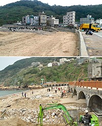 (上圖)迎接藍眼淚季節,北竿鄉軍民各界規劃針對塘后沙灘展開淨灘工作。(圖/文:陳鵬雄);(下圖)南竿鄉公所於牛角澳口展開淨灘。(圖/文:馮紹夫)