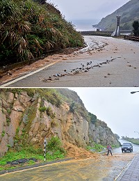 昨天一場強降雨,東引南山頭有二處路段發生落石,部分道路佈滿碎石與泥濘。(圖/文:陳其敏)