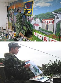 (上圖)莊友惟進行牆面創作時認真的態度。(下圖)友惟常利用島休期間前往莒光地區各個角落寫生。(圖/文:蔡奕儀)