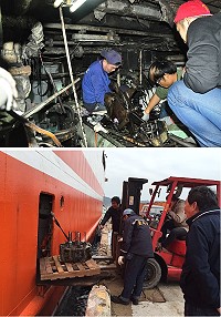 「臺馬輪」左主機缸頭損壞,更換品昨運抵馬祖並進行維修。(圖:馮紹夫、連江航業)
