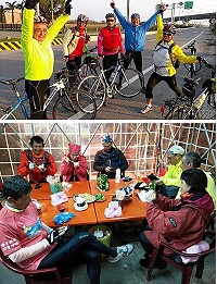 　馬祖單車車友27日晚間完成挑戰北高1日騎行，在高雄興達港觀光漁市用餐，並使用手機傳達訊息報平安分享過程。（圖：李金龍、李寶玉）