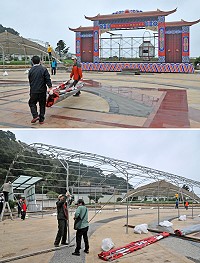 為慶祝玄天上帝聖誕,馬祖北極玄天宮宗教發展協會舉辦「2016馬祖上巳節-佑聖真君護連江」慶典活動,正積極進行舞台搭建,4月7日至9日將安排6場閩劇公演,屆時歡迎鄉親信眾踴躍前往欣賞。(圖/文:曹重偉)