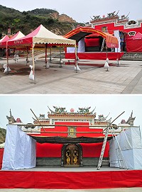　「2016馬祖上巳節－佑聖真君護連江」系列活動，有2場閩劇公演將於8日下午1時及晚間7時在牛峰境五靈公廟演出，工程組積極趕工在廟前廣場完成舞台及帳棚搭設；首次有閩劇在村中演出，大人小孩都相當興奮。（圖／文：曹重偉）